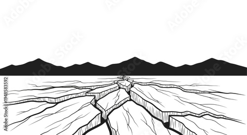 Cracked Ice Surface with Mountain Range Background