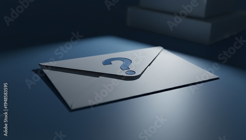 Enveloped White Card with Blue Question Mark on Dark Surface