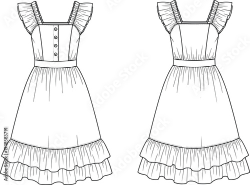 Women summer dress front and back view fashion technical drawing with ruffle sleeves, button bodice and flounce hem, elegant clothing outline illustration isolated