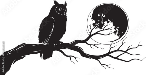 Owl Perched on Tree Branch Under Full Moonlight Silhouette