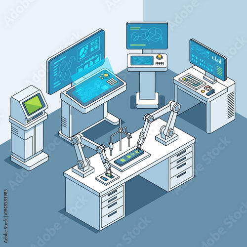 Isometric view of a futuristic laboratory with robotic arms and advanced computer interfaces.