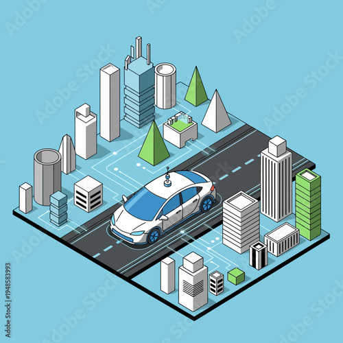 Isometric illustration of a self-driving car navigating a smart city environment.