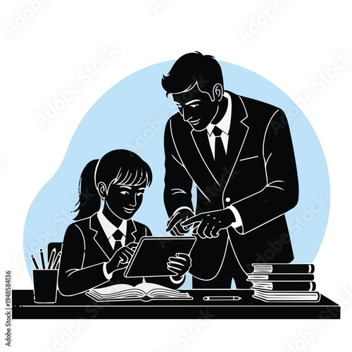 Businessman and businesswoman working together.
