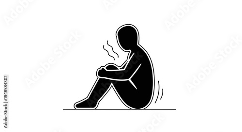 Silhouette of a person sitting with knees to chest, feeling cold or unwell, steam rising