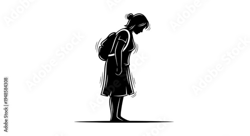 Silhouette of a sad girl with a backpack, bowing her head, representing school stress and disappointment