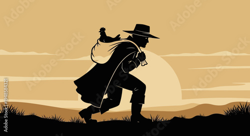 Silhouette of a thief with a sack and chicken at sunset, western style