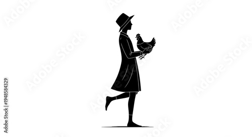 Silhouette of a Woman in a Hat Holding a Chicken, Countryside Lifestyle