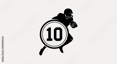 Silhouette of American Football Player Running with Ball, Number 10 Emblem