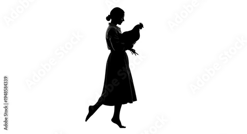 Silhouette of a Woman in a Long Dress Holding a Chicken, Isolated on White Background