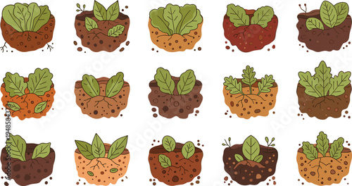 Large set of hand drawn young plant sprout vectors growing from rich soil patches in a rustic textured style isolated on white background for gardening concepts.