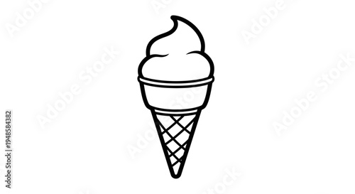 Simple black and white line art illustration of a soft serve ice cream cone.