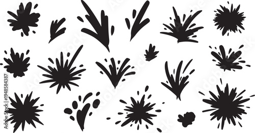 Ink splatters and paint drops on white background illustration