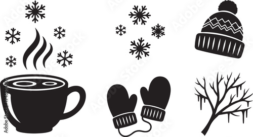Winter icons including hat, mittens, tree, and hot coffee