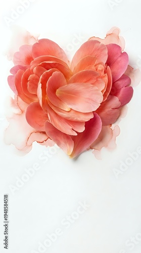 Watercolor heart-shaped flower bloom in coral pink and peach tones on white background for romantic designs and wedding invitations.