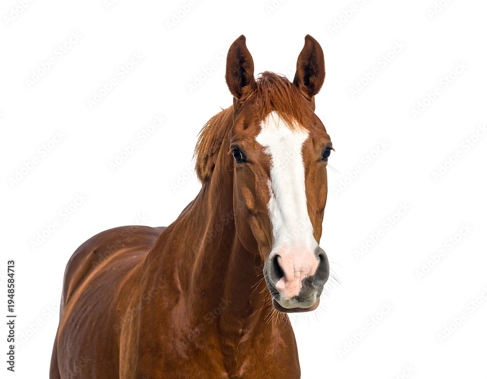 Obraz premium Chestnut horse, white blaze, head and shoulders on a pure white background