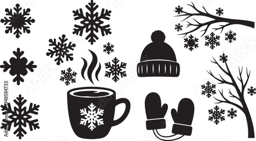 Winter icons including snowflakes, hat, mittens, and hot coffee