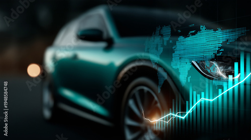 Automotive Trends: A sleek vehicle merges with global market data, symbolizing innovation and the dynamic evolution of the automotive industry.