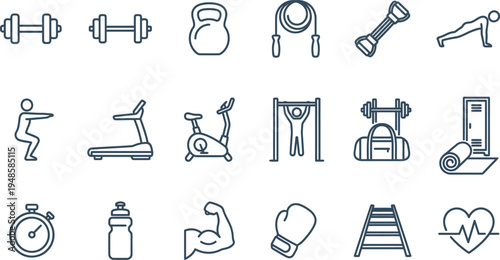 Collection of clean line icons representing various essential fitness equipment and workout activities clearly displayed.