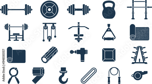Diverse vector icons showcasing essential fitness, gym, and workout equipment for various designs.