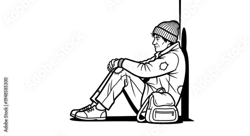 Homeless man sitting against wall with backpack, illustration
