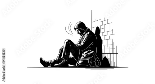 Homeless man sitting on street with backpack, feeling cold and lonely