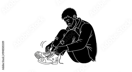 Homeless man tying worn shoes, sitting on ground, symbol of poverty and hardship