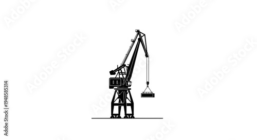 Industrial crane lifting container in black and white silhouette