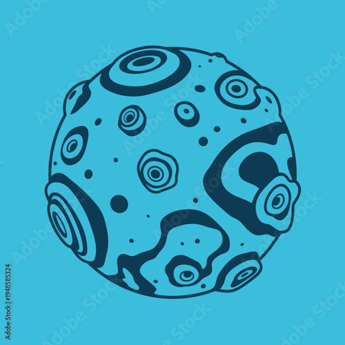 A stylized illustration of a celestial body with intricate surface patterns and a vibrant blue color scheme.