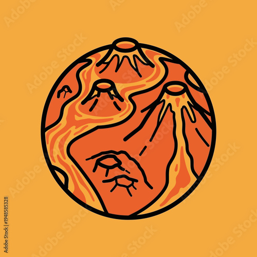 Illustration of a planet with volcanoes, lava flows, and craters on its surface.