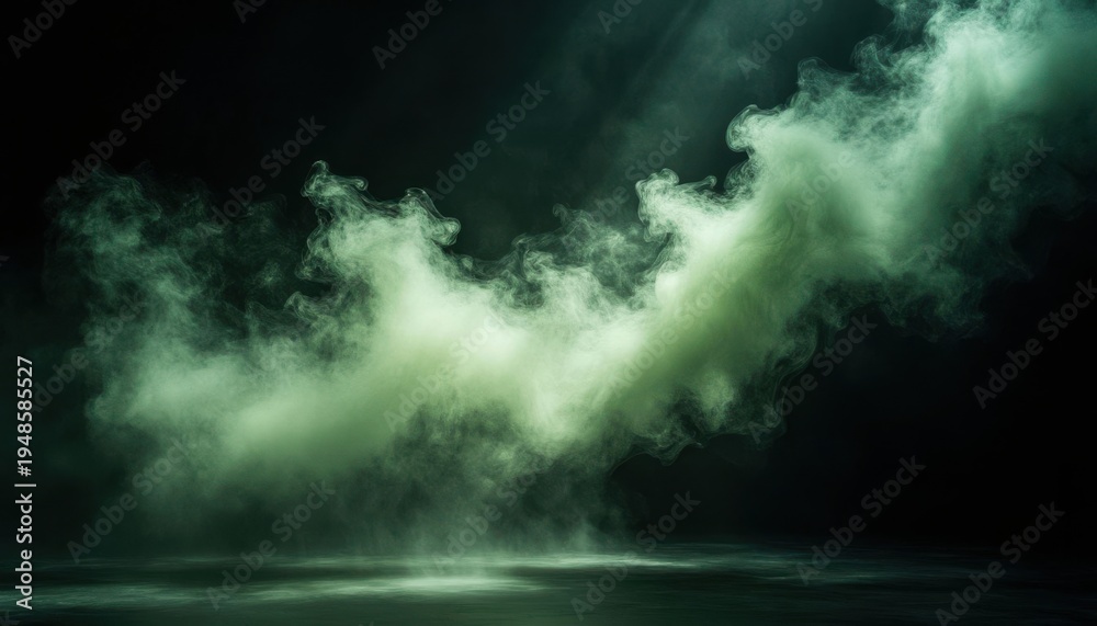 Fototapeta premium Dramatic green smoke swirling in dark atmosphere with mysterious fog effect for abstract background