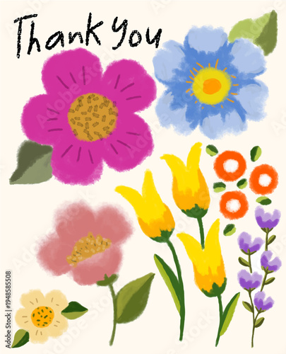 Thank You message with colorful hand-drawn flowers