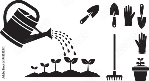 Gardening tools and plants in a simple black illustration