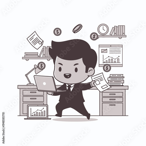 Businessman Working Hard Multitasking in a Busy Office Environment with Financial Growth Graphs