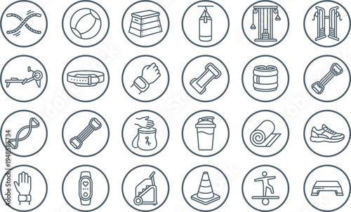 A comprehensive collection of outline fitness and gym equipment icons for healthy lifestyle and workout apps.