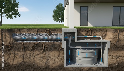 Cross Section of Subterranean Drainage and Septic Tank System Under Grounded House