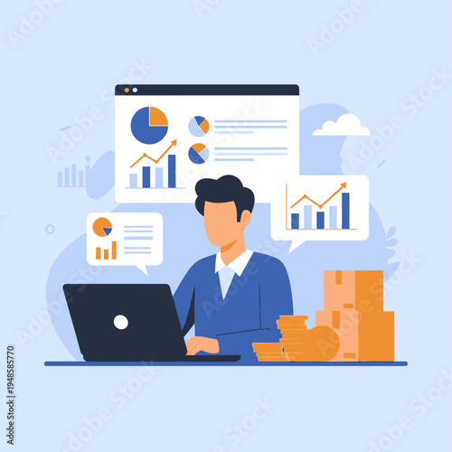 Entrepreneur Tracking Online Sales and Financial Data with Analytical Charts and Boxes