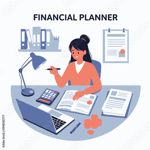 Financial Planner Working Diligently at Her Modern Office Desk Organizing Documents and Reviewing Investments