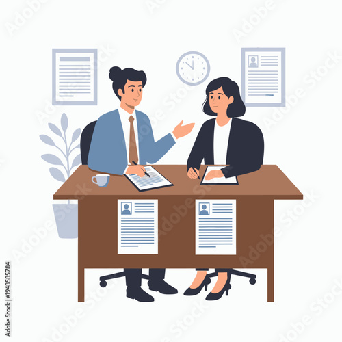 Human Resources Manager Interviewing Female Job Candidate at Office Desk Professional Hiring Process