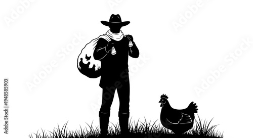 Farmer Silhouette with Chicken and Harvest Bag in Grassy Field