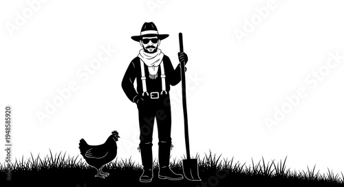 Farmer with shovel and chicken in field, black and white illustration