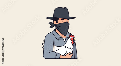 Farmer with Bandana Holding White Chicken, Cowboy Hat, Rural Life