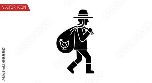 Farmer Carrying Sack with Chicken Icon, Rural Harvest, Countryside Agriculture Symbol