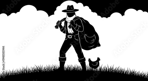 Farmer with sack and chicken, silhouette in black and white, rural life concept