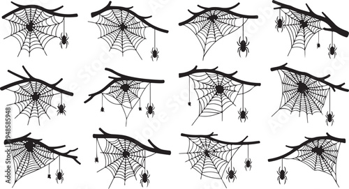 Spider Webs with Spiders on Branches for Halloween Decor
