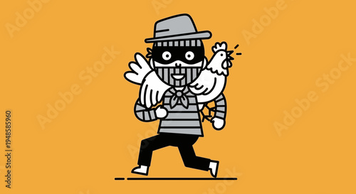 Funny cartoon thief wearing mask, hat, and striped shirt, stealing a chicken