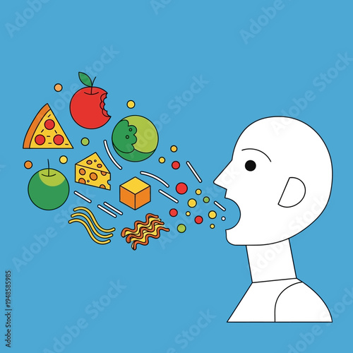 Illustration depicting a person exhaling various food items, suggesting consumption and digestion.
