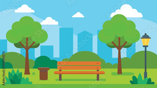 Flat vector image featuring a wooden park bench, a trash receptacle, and a street lamp surrounded by green trees with a teal urban skyline background.