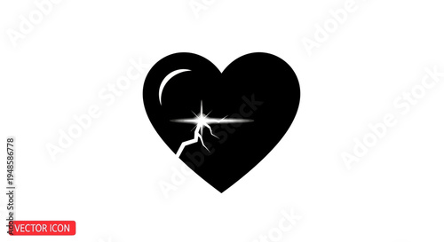 Broken Heart Icon with Crack and Light Burst - Symbol of Heartbreak, Pain, and Sadness