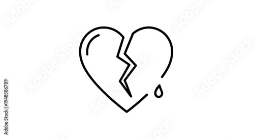 Broken Heart Icon with Tear Drop, Symbol of Sadness, Love Loss, Pain, and Heartbreak