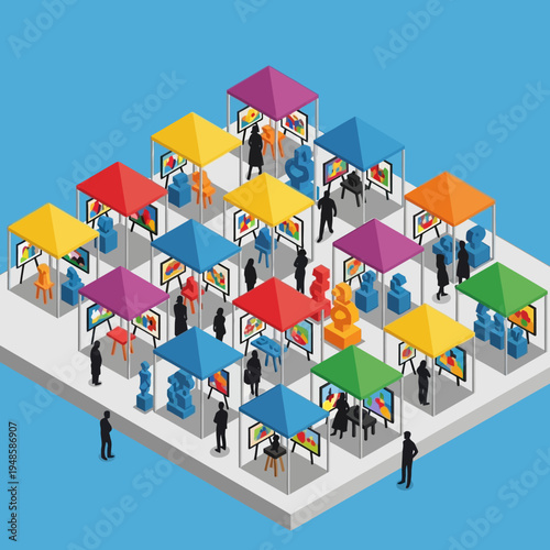 Isometric illustration of an art fair with various colorful booths and attendees.